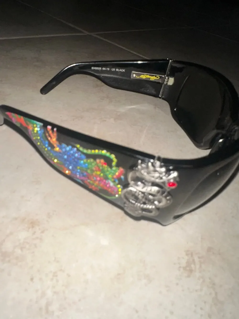 Ed Hardy EHS025 Black Dragon Rhinestone Sunglasses Y2K Vintage 64-15-120